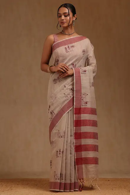 Beige Chanderi Warli Embroidered Saree With Thread Work